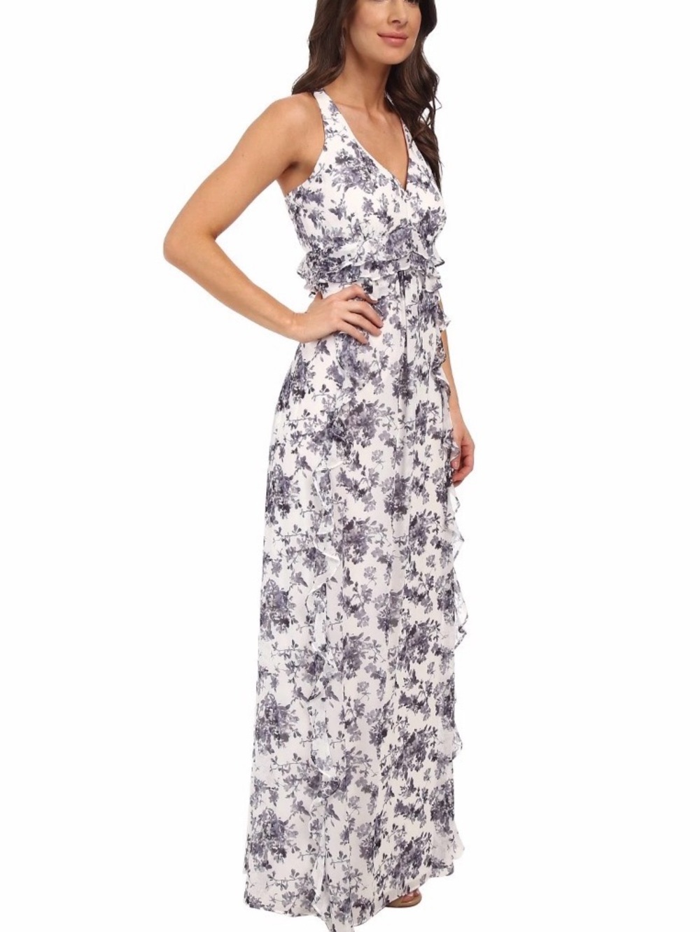 JESSICA SIMPSON Blue Floral Chiffon Ruffle Maxi Dress 8 wedding guest sorority
